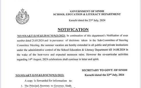 Sindh Summer Holidays Notification